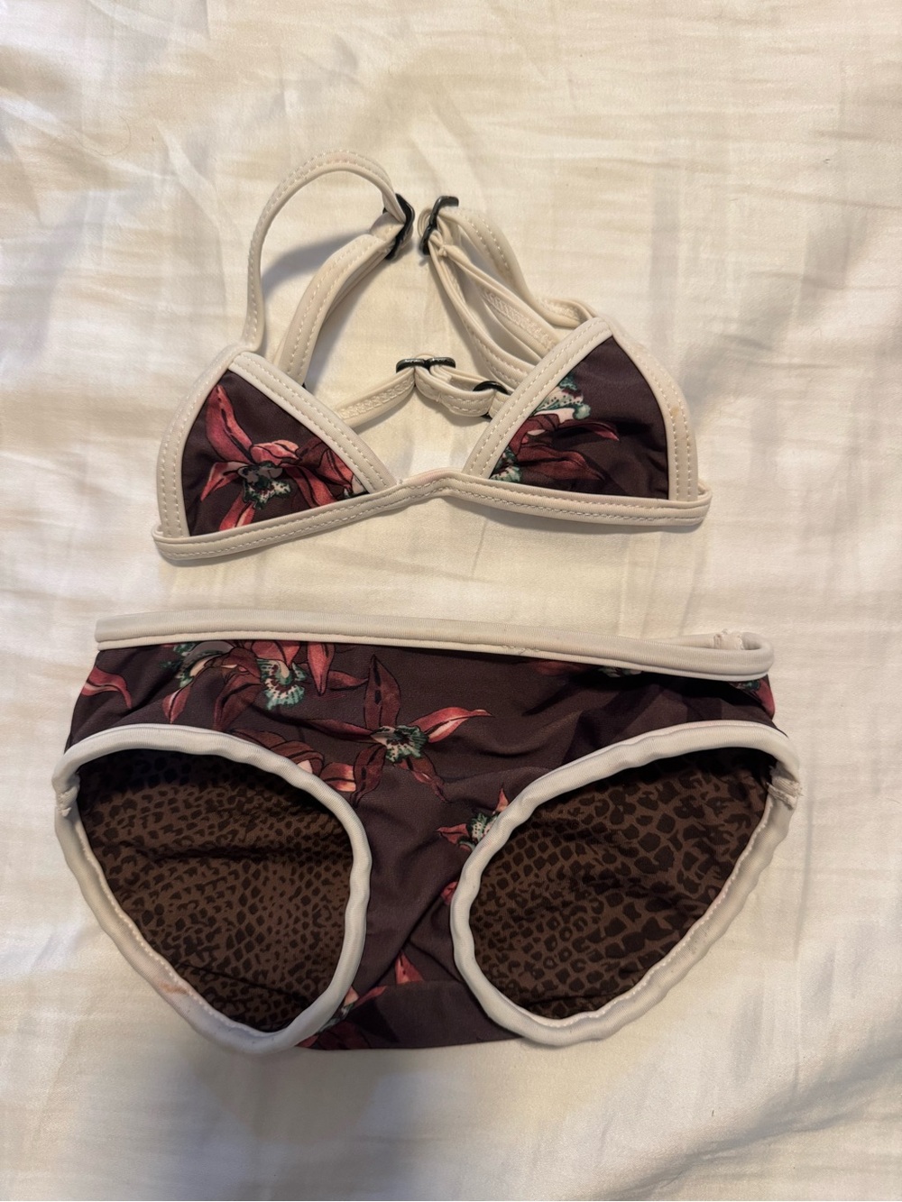 acacia swimwear Brown Floral Trim Bikini Set with white Edging